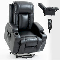 Fauteuil releveur électrique en similicuir PU noir, massage 8 points, chauffant, USB