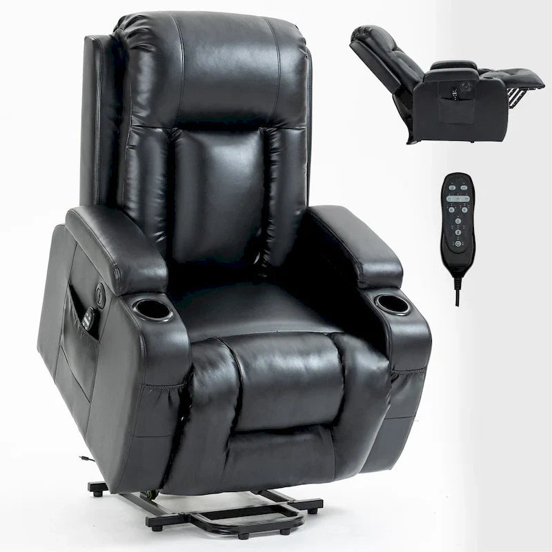 Fauteuil releveur électrique en similicuir PU noir, massage 8 points, chauffant, USB