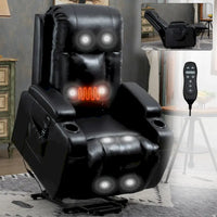 Fauteuil releveur électrique en similicuir PU noir, massage 8 points, chauffant, USB
