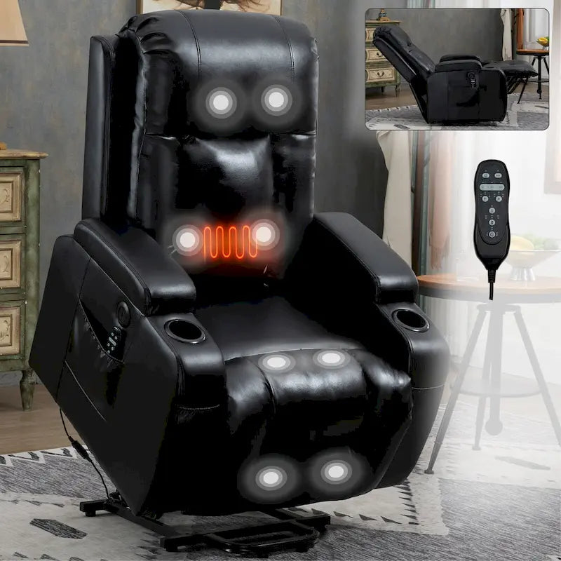 Fauteuil releveur électrique en similicuir PU noir, massage 8 points, chauffant, USB