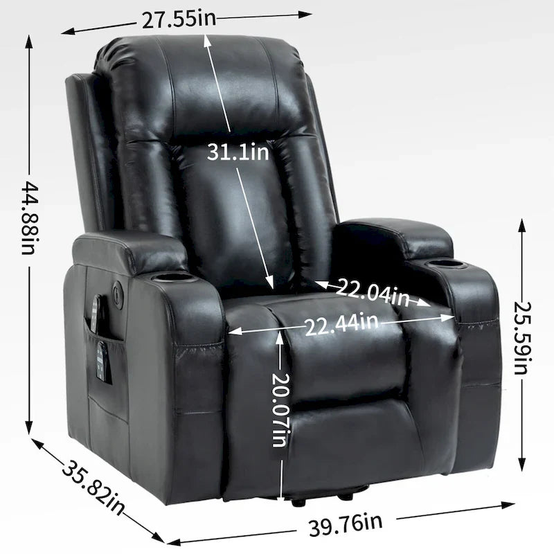 Fauteuil releveur électrique en similicuir PU noir, massage 8 points, chauffant, USB