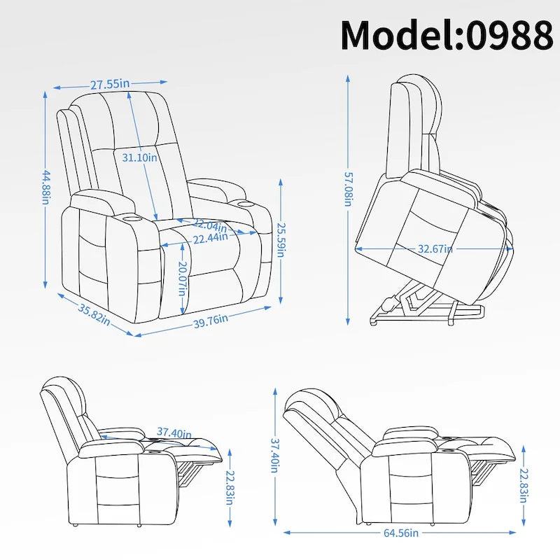 Fauteuil releveur électrique en similicuir PU noir, massage 8 points, chauffant, USB