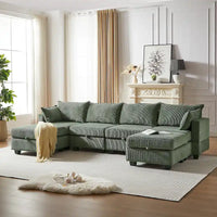 Canapé Sectionnel Modulable Convertible Vert 6 Pièces en Velours Côtelé avec Assises de Rangement, 2 Poufs Amovibles, Libre Combinaison
