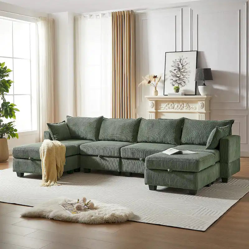 Canapé Sectionnel Modulable Convertible Vert 6 Pièces en Velours Côtelé avec Assises de Rangement, 2 Poufs Amovibles, Libre Combinaison