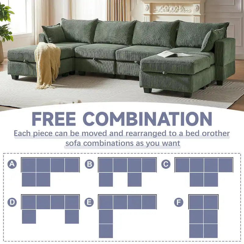 Canapé Sectionnel Modulable Convertible Vert 6 Pièces en Velours Côtelé avec Assises de Rangement, 2 Poufs Amovibles, Libre Combinaison