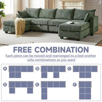 Canapé Sectionnel Modulable Convertible Vert 6 Pièces en Velours Côtelé avec Assises de Rangement, 2 Poufs Amovibles, Libre Combinaison