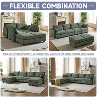 Canapé Sectionnel Modulable Convertible Vert 6 Pièces en Velours Côtelé avec Assises de Rangement, 2 Poufs Amovibles, Libre Combinaison