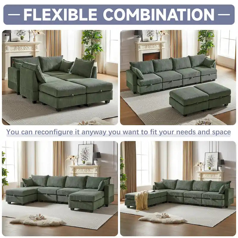 Canapé Sectionnel Modulable Convertible Vert 6 Pièces en Velours Côtelé avec Assises de Rangement, 2 Poufs Amovibles, Libre Combinaison