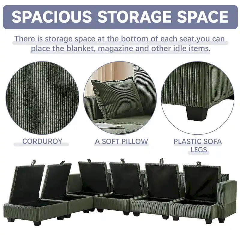 Canapé Sectionnel Modulable Convertible Vert 6 Pièces en Velours Côtelé avec Assises de Rangement, 2 Poufs Amovibles, Libre Combinaison