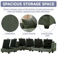 Canapé Sectionnel Modulable Convertible Vert 6 Pièces en Velours Côtelé avec Assises de Rangement, 2 Poufs Amovibles, Libre Combinaison
