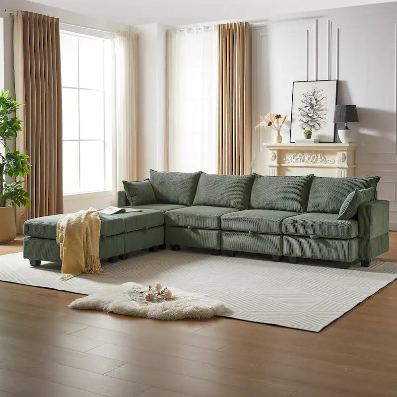 Canapé Sectionnel Modulable Convertible Vert 6 Pièces en Velours Côtelé avec Assises de Rangement, 2 Poufs Amovibles, Libre Combinaison