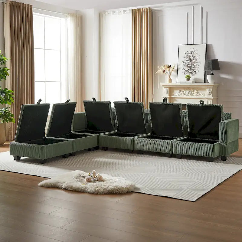 Canapé Sectionnel Modulable Convertible Vert 6 Pièces en Velours Côtelé avec Assises de Rangement, 2 Poufs Amovibles, Libre Combinaison