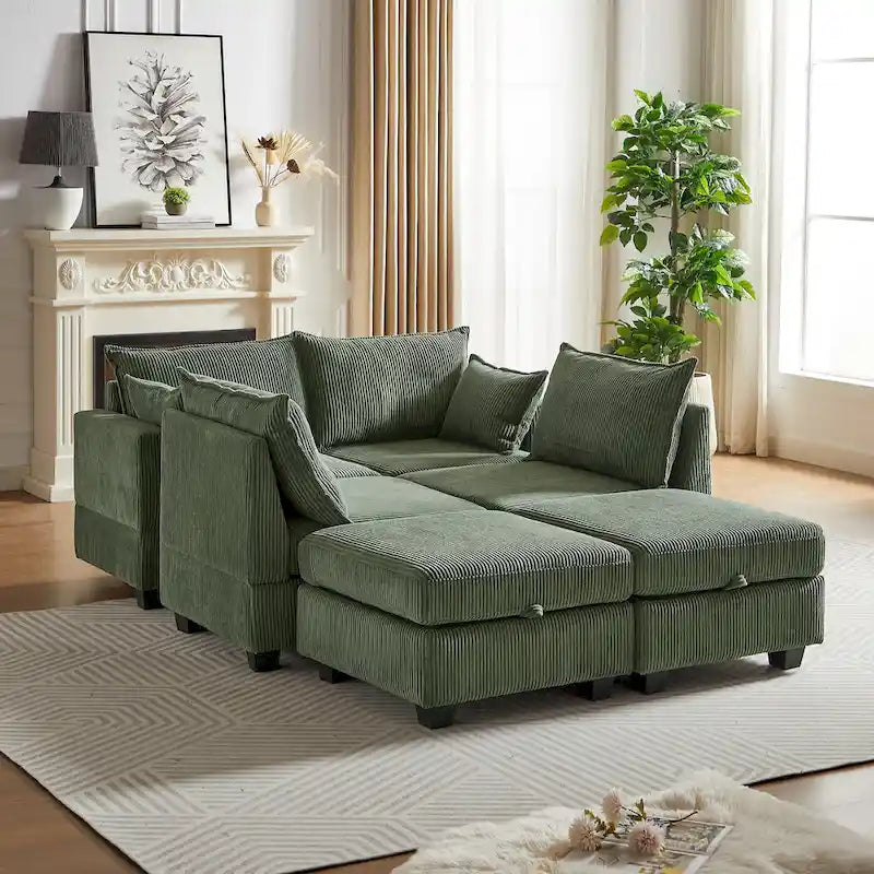 Canapé Sectionnel Modulable Convertible Vert 6 Pièces en Velours Côtelé avec Assises de Rangement, 2 Poufs Amovibles, Libre Combinaison