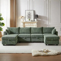 Canapé Sectionnel Modulable Convertible Vert 6 Pièces en Velours Côtelé avec Assises de Rangement, 2 Poufs Amovibles, Libre Combinaison