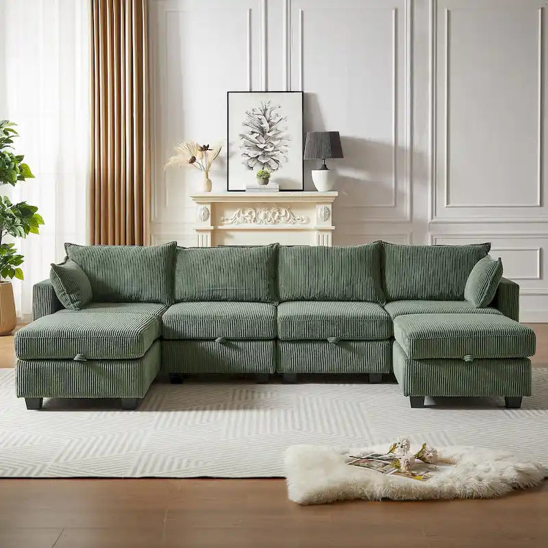 Canapé Sectionnel Modulable Convertible Vert 6 Pièces en Velours Côtelé avec Assises de Rangement, 2 Poufs Amovibles, Libre Combinaison