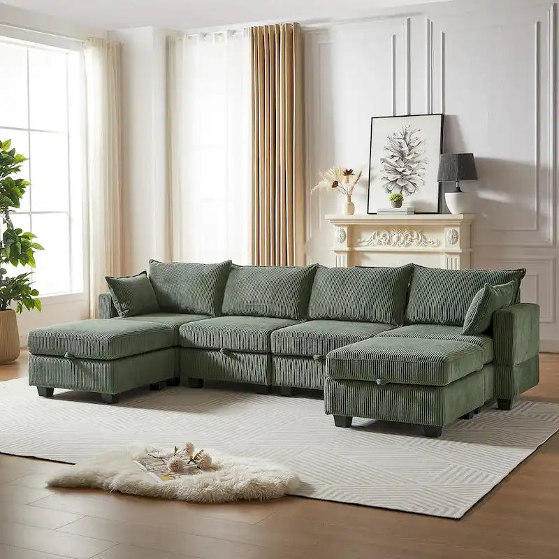Canapé Sectionnel Modulable Convertible Vert 6 Pièces en Velours Côtelé avec Assises de Rangement, 2 Poufs Amovibles, Libre Combinaison