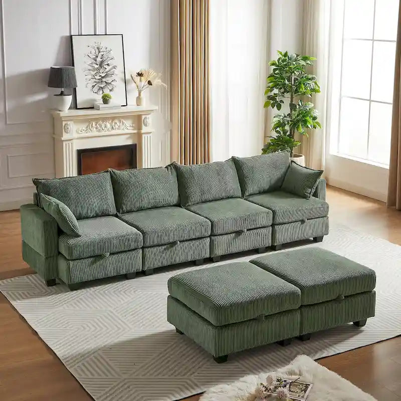 Canapé Sectionnel Modulable Convertible Vert 6 Pièces en Velours Côtelé avec Assises de Rangement, 2 Poufs Amovibles, Libre Combinaison