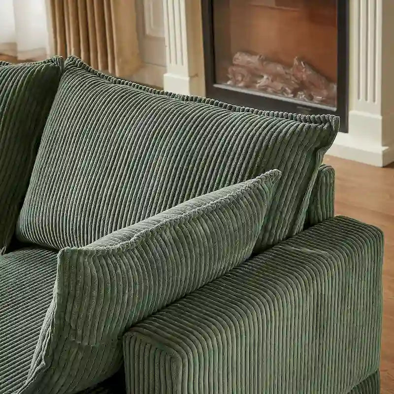 Canapé Sectionnel Modulable Convertible Vert 6 Pièces en Velours Côtelé avec Assises de Rangement, 2 Poufs Amovibles, Libre Combinaison
