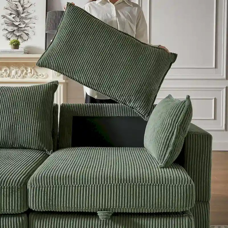 Canapé Sectionnel Modulable Convertible Vert 6 Pièces en Velours Côtelé avec Assises de Rangement, 2 Poufs Amovibles, Libre Combinaison