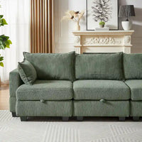 Canapé Sectionnel Modulable Convertible Vert 6 Pièces en Velours Côtelé avec Assises de Rangement, 2 Poufs Amovibles, Libre Combinaison