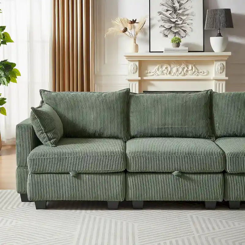 Canapé Sectionnel Modulable Convertible Vert 6 Pièces en Velours Côtelé avec Assises de Rangement, 2 Poufs Amovibles, Libre Combinaison