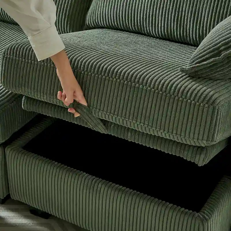 Canapé Sectionnel Modulable Convertible Vert 6 Pièces en Velours Côtelé avec Assises de Rangement, 2 Poufs Amovibles, Libre Combinaison