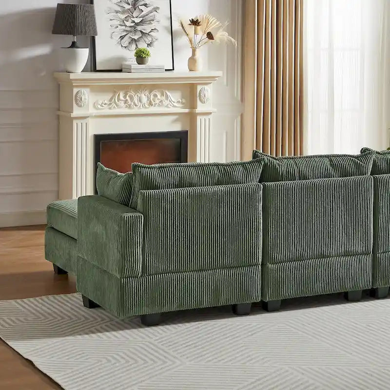 Canapé Sectionnel Modulable Convertible Vert 6 Pièces en Velours Côtelé avec Assises de Rangement, 2 Poufs Amovibles, Libre Combinaison