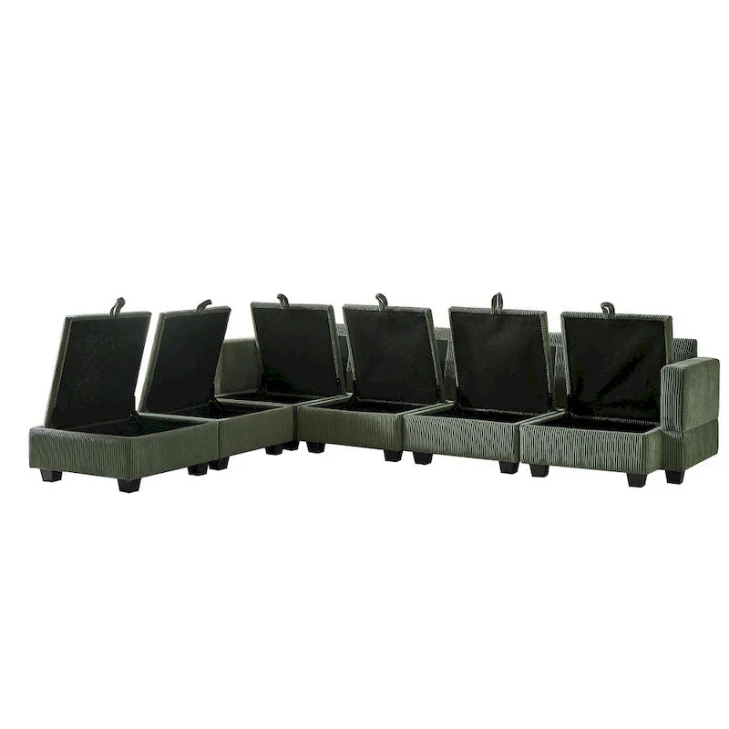 Canapé Sectionnel Modulable Convertible Vert 6 Pièces en Velours Côtelé avec Assises de Rangement, 2 Poufs Amovibles, Libre Combinaison