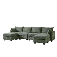 Canapé Sectionnel Modulable Convertible Vert 6 Pièces en Velours Côtelé avec Assises de Rangement, 2 Poufs Amovibles, Libre Combinaison