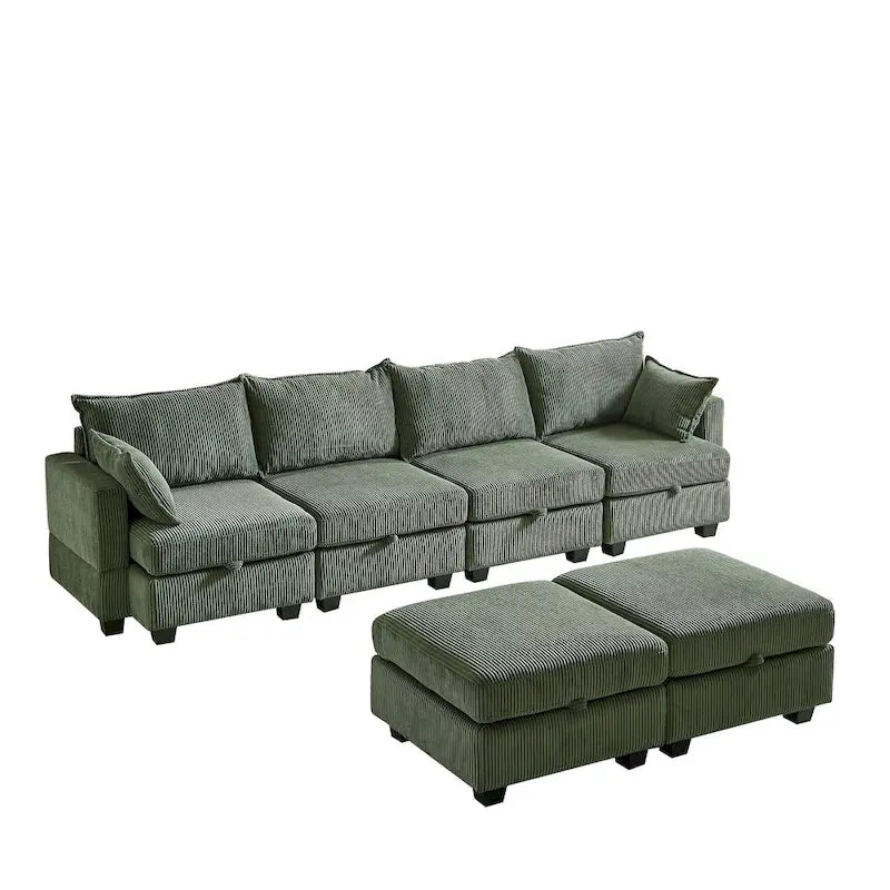 Canapé Sectionnel Modulable Convertible Vert 6 Pièces en Velours Côtelé avec Assises de Rangement, 2 Poufs Amovibles, Libre Combinaison