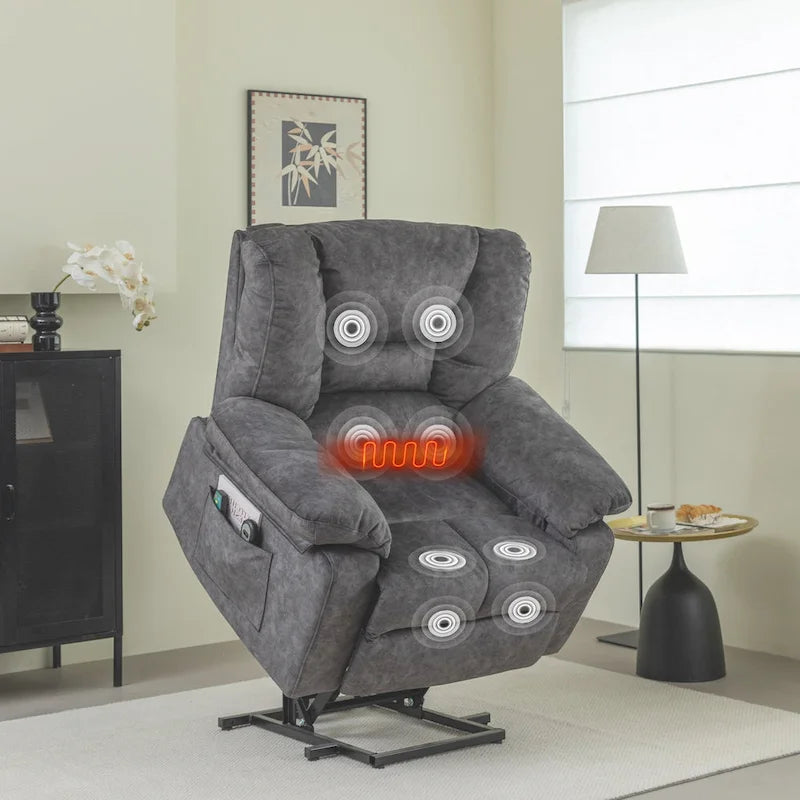 Fauteuil inclinable électrique surdimensionné en velours avec massage, chauffage, poches