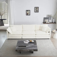 Canapé Mid-Century Moderne 3 places avec 2 coussins d'accoudoir et 3 coussins décoratifs, Canapé de salon en chenille blanche