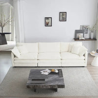 Canapé Mid-Century Moderne 3 places avec 2 coussins d'accoudoir et 3 coussins décoratifs, Canapé de salon en chenille blanche