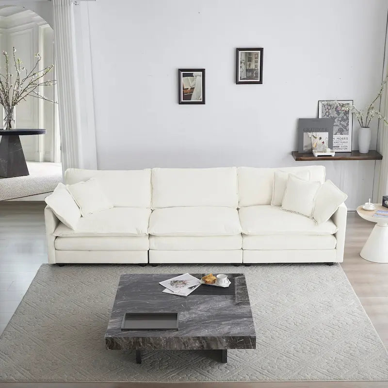 Canapé Mid-Century Moderne 3 places avec 2 coussins d'accoudoir et 3 coussins décoratifs, Canapé de salon en chenille blanche