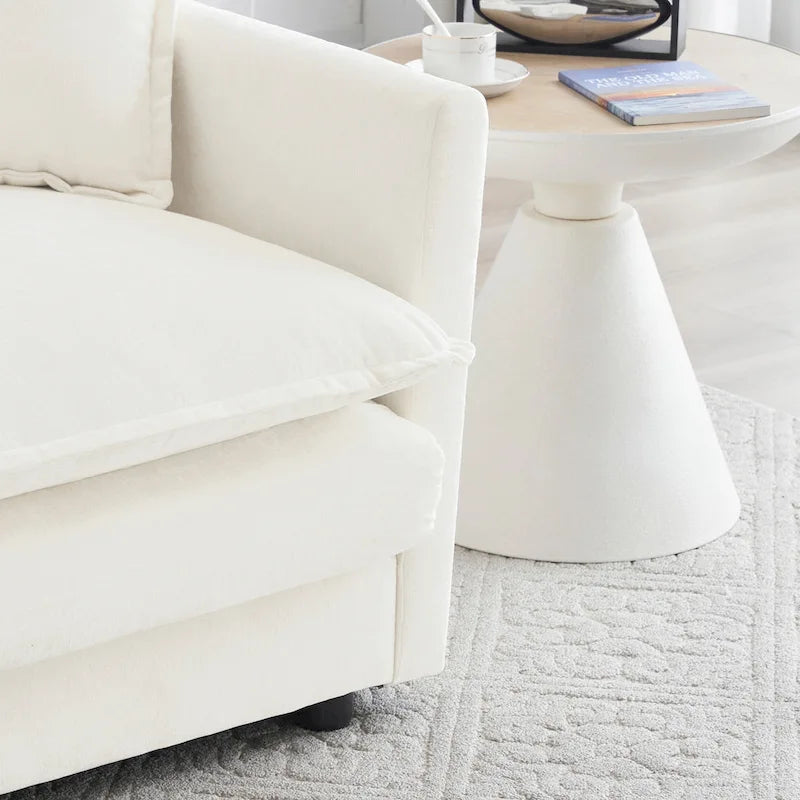 Canapé Mid-Century Moderne 3 places avec 2 coussins d'accoudoir et 3 coussins décoratifs, Canapé de salon en chenille blanche