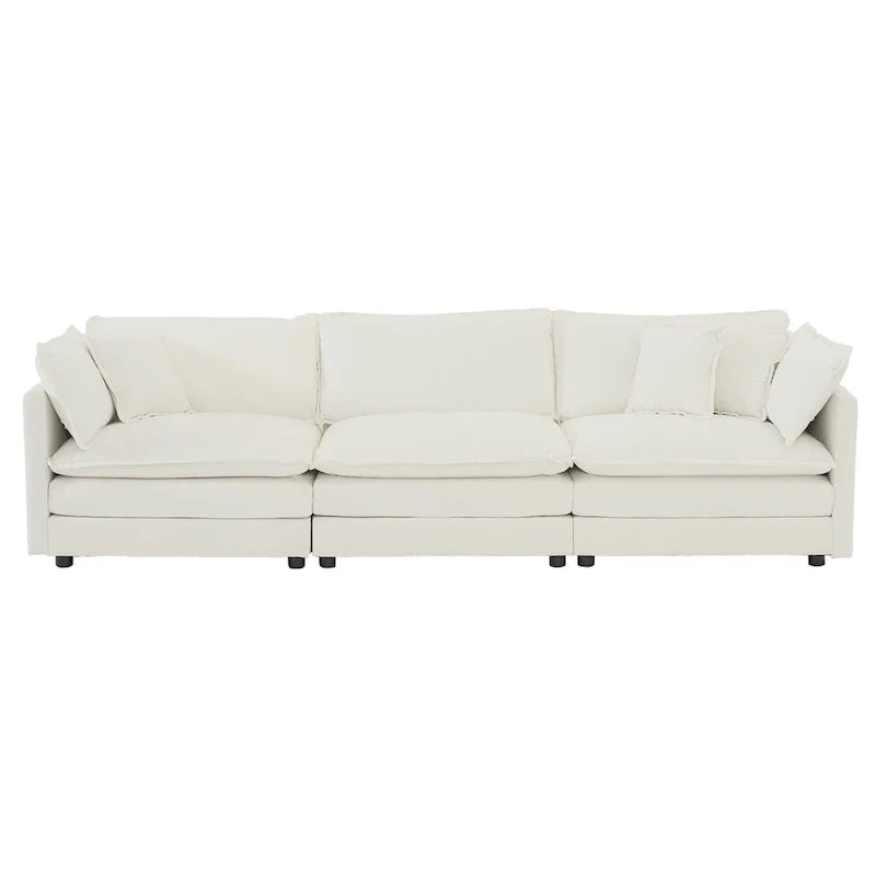 Canapé Mid-Century Moderne 3 places avec 2 coussins d'accoudoir et 3 coussins décoratifs, Canapé de salon en chenille blanche