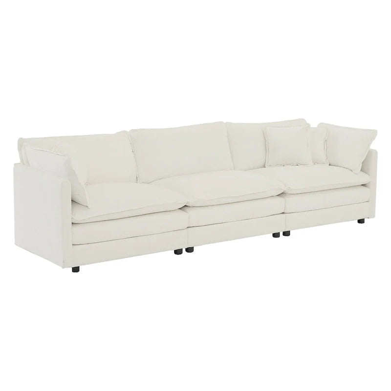 Canapé Mid-Century Moderne 3 places avec 2 coussins d'accoudoir et 3 coussins décoratifs, Canapé de salon en chenille blanche