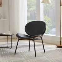 Chaise Coque Mid-Century Moderne Chaise d'appoint Piétement Trépied en Cuir Noir Fauteuil de Salon Finition Noyer Dossier Confortable