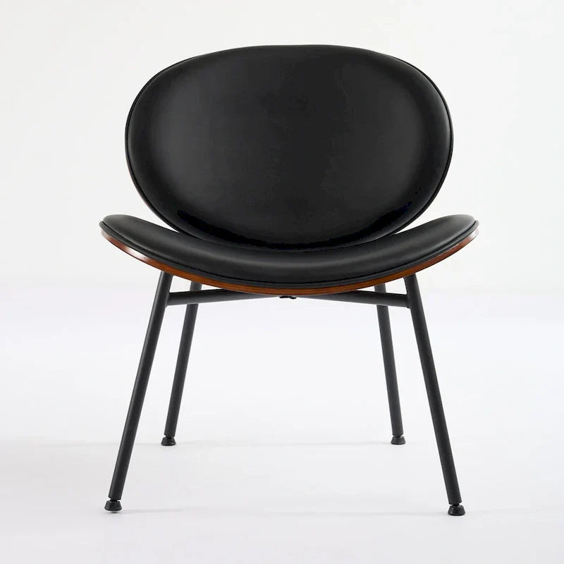 Chaise Coque Mid-Century Moderne Chaise d'appoint Piétement Trépied en Cuir Noir Fauteuil de Salon Finition Noyer Dossier Confortable