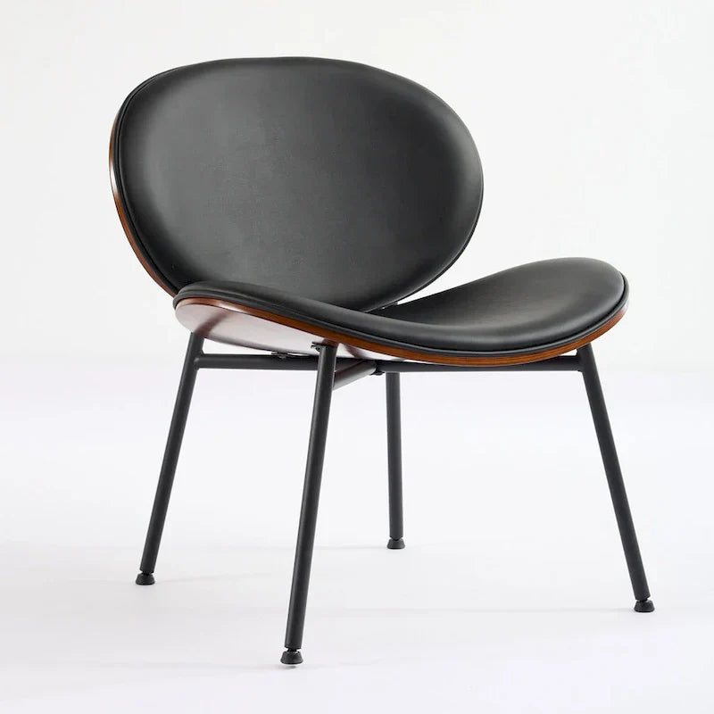 Chaise Coque Mid-Century Moderne Chaise d'appoint Piétement Trépied en Cuir Noir Fauteuil de Salon Finition Noyer Dossier Confortable