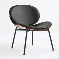 Chaise Coque Mid-Century Moderne Chaise d'appoint Piétement Trépied en Cuir Noir Fauteuil de Salon Finition Noyer Dossier Confortable