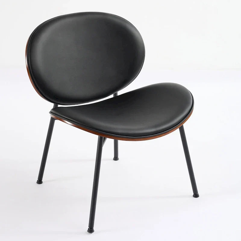 Chaise Coque Mid-Century Moderne Chaise d'appoint Piétement Trépied en Cuir Noir Fauteuil de Salon Finition Noyer Dossier Confortable