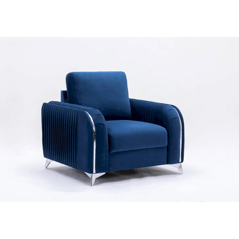 Fauteuil d'appoint moderne en velours bleu 38 avec pieds chromés polis