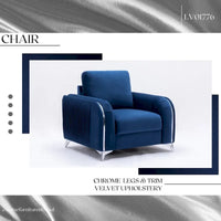 Fauteuil d'appoint moderne en velours bleu 38 avec pieds chromés polis