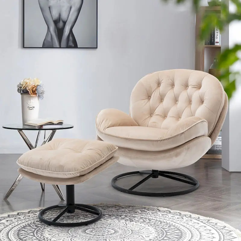 Fauteuil d'appoint pivotant beige moderne de 31,7 po avec pouf