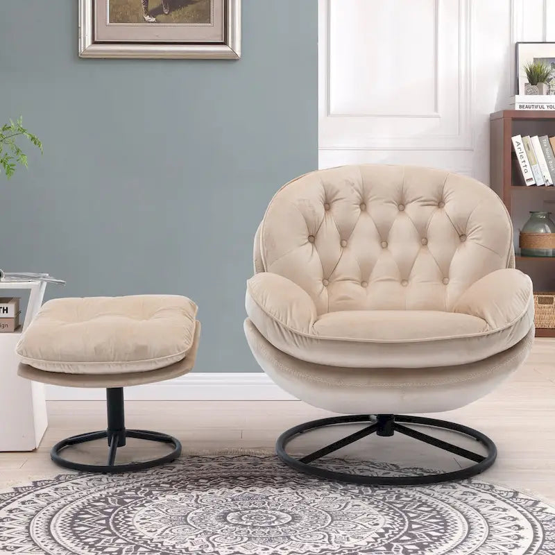 Fauteuil d'appoint pivotant beige moderne de 31,7 po avec pouf