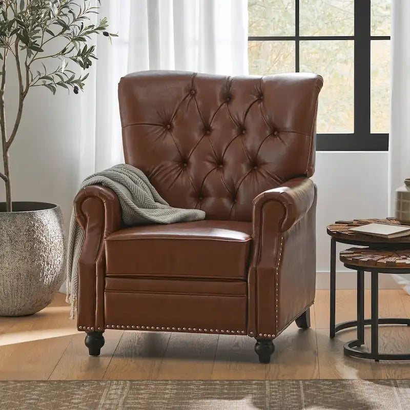 Fauteuil inclinable à bascule arrière, repose-pieds, dossier à boutons, clous décoratifs