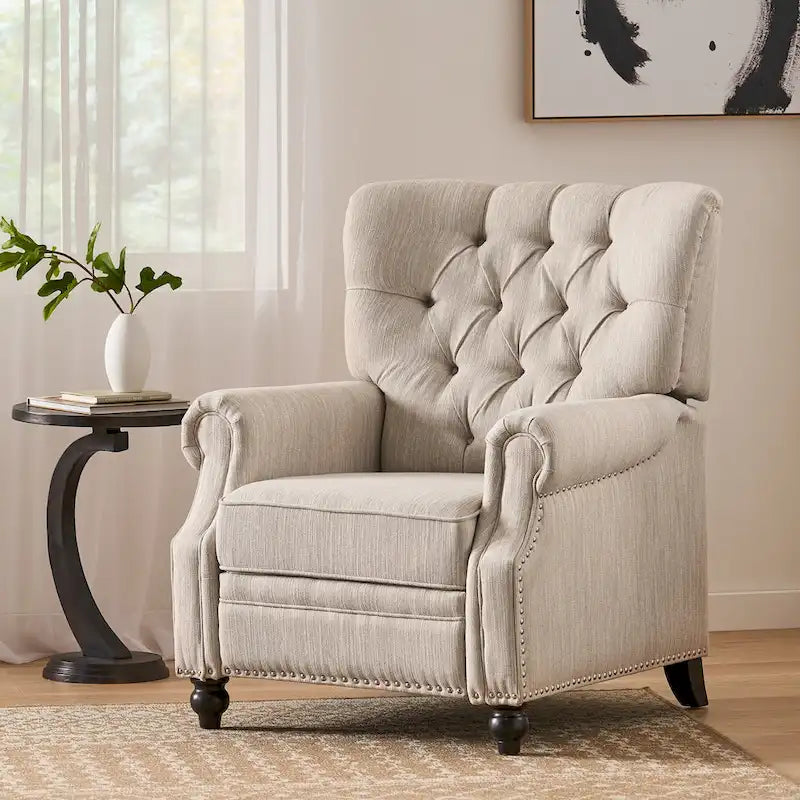 Fauteuil inclinable à bascule arrière, repose-pieds, dossier à boutons, clous décoratifs