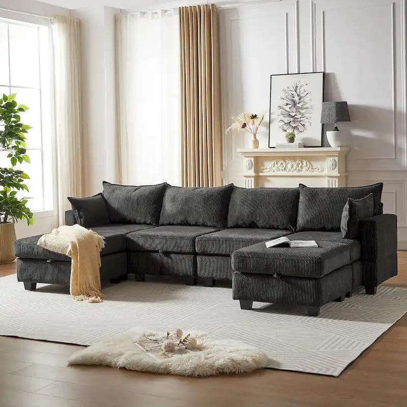 Canapé Sectionnel Modulable Convertible 6 Pièces en Velours Côtelé avec Assises de Rangement, 2 Poufs Amovibles, Libre Combinaison
