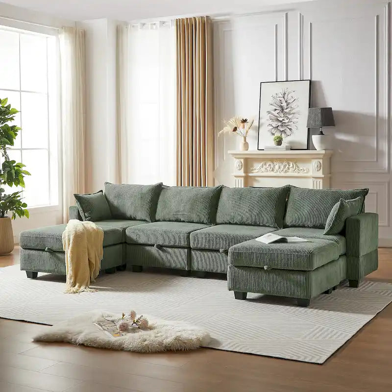 Canapé Sectionnel Modulable Convertible 6 Pièces en Velours Côtelé avec Assises de Rangement, 2 Poufs Amovibles, Libre Combinaison